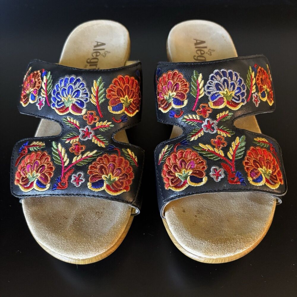 Alegria Linn Black Leather Embroidered Floral Sandals Women's Size 8 US, 38 EU - Picture 7 of 9
